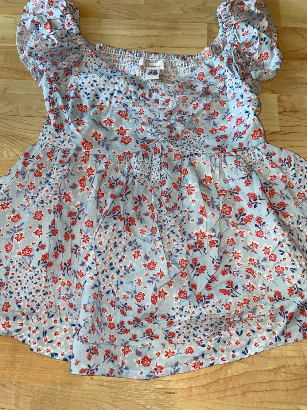 Floral Puff-Sleeve Top - Light Blue & Red
